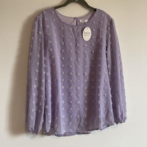 NWT Qearal Lilac Blouse Small Purple Long Sleeve Pom Pom Dots Pullover Loose - Picture 2 of 14
